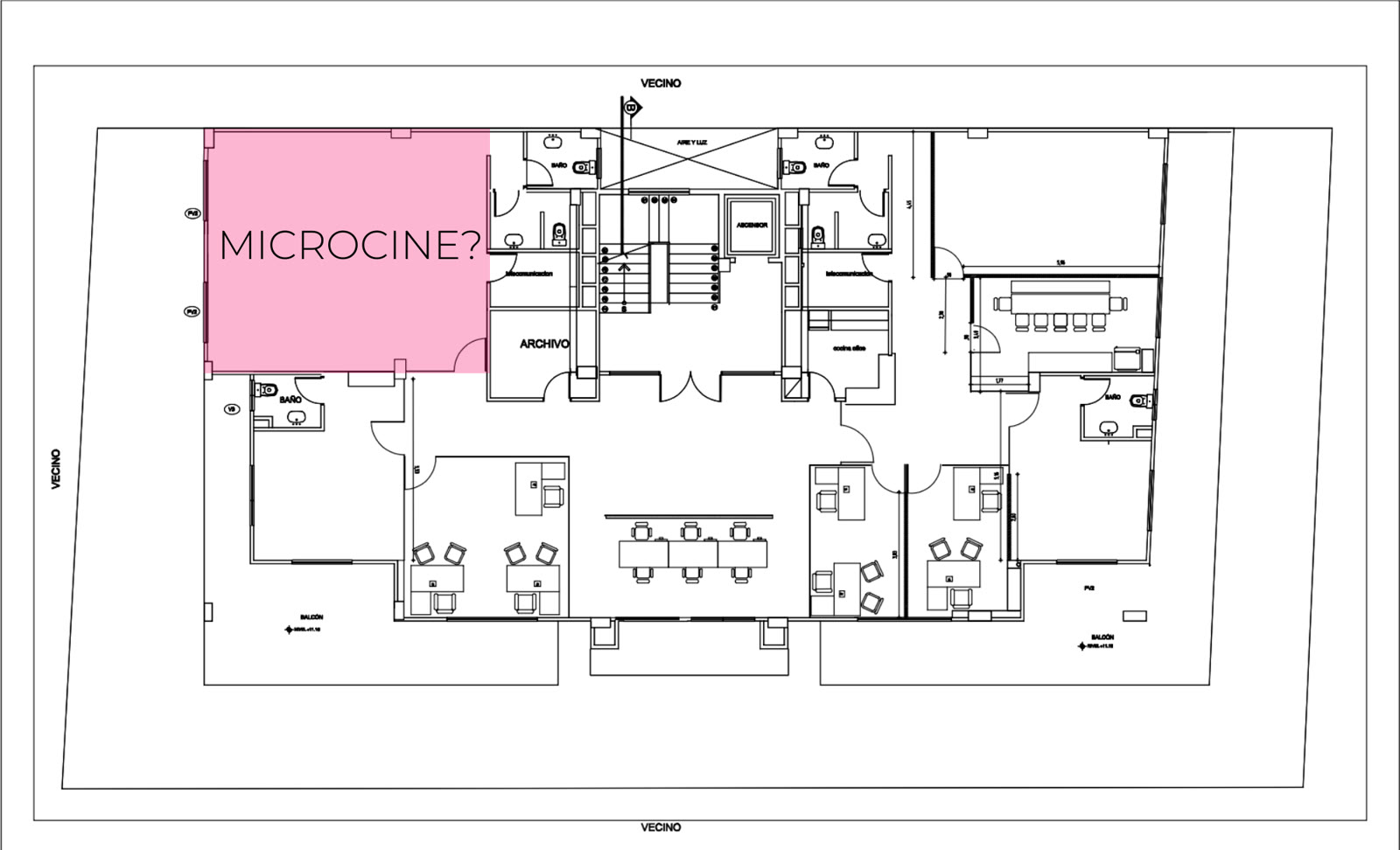 Plano de arquitectura del piso con el área del microcine